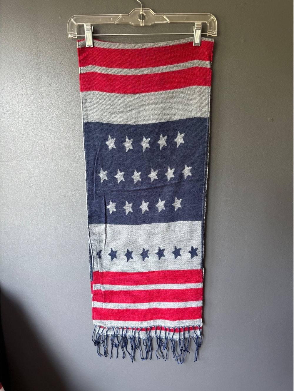 The Rail Red, White, and Blue Star Patterned Acrylic Scarf with Fringe
